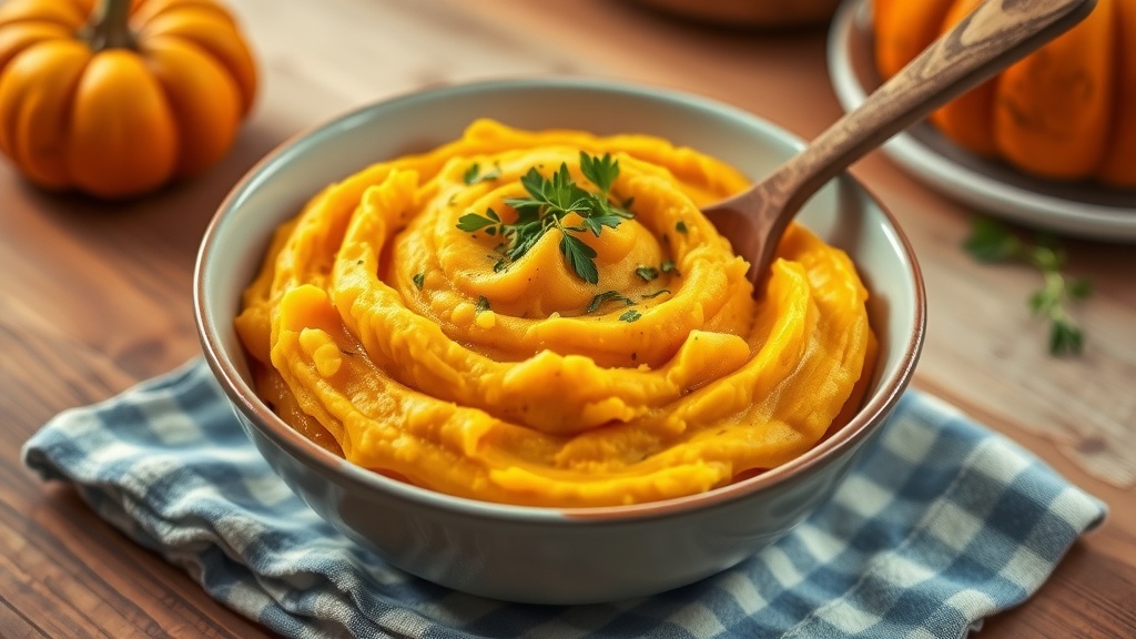 Creamy Pumpkin Mashed Potatoes Recipe A bowl of creamy pumpkin mashed potatoes garnished with herbs, on a rustic dining table.